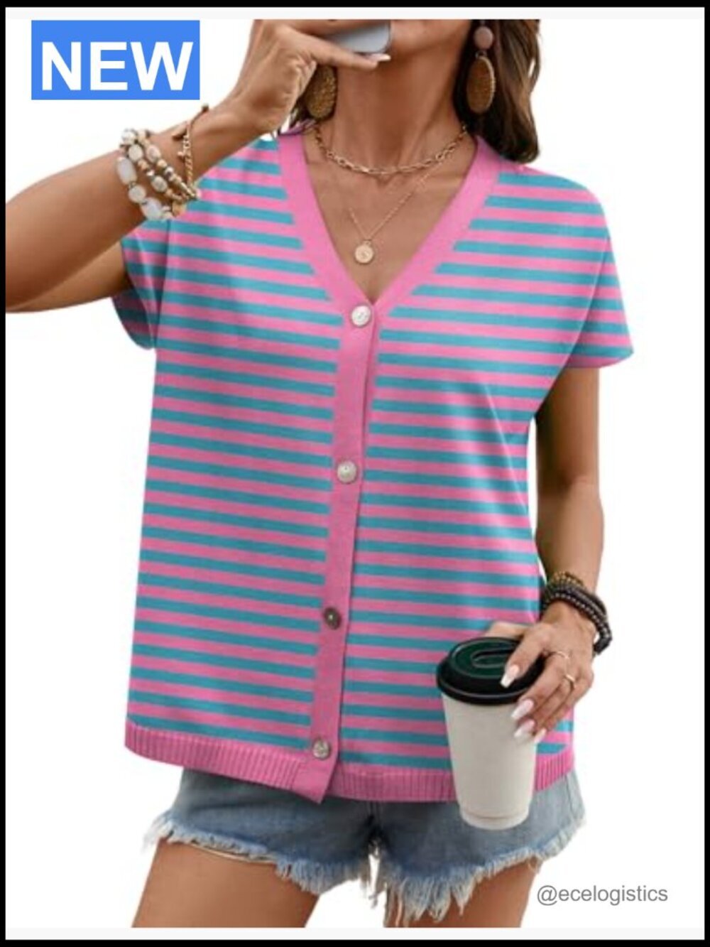 Oversized V-Neck Short Sleeve Button Cardigan Lightweight Knit - Picture 2 of 7